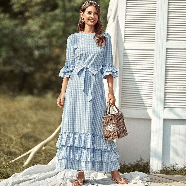 

Tiered Layered Hem Belted Gingham Dress, Blue