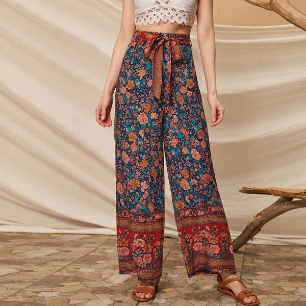 

Aztec Print Self Tie Wide Leg Pants, Multicolor