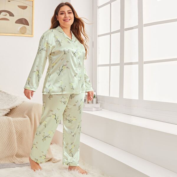 

Plus Floral Print Satin PJ Set, Green pastel