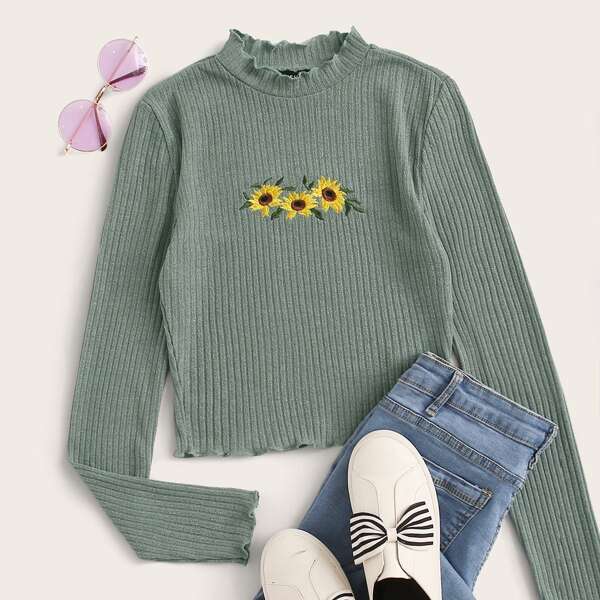 

Lettuce Trim Floral Embroidery Rib-knit Top, Mint green