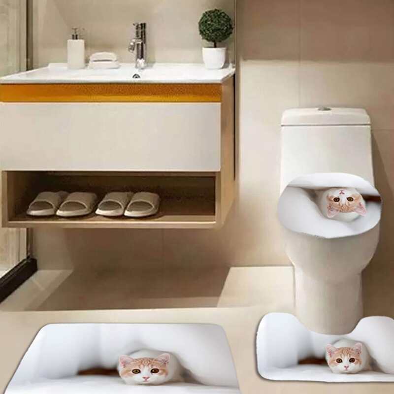 

3pcs Cat Print Bathroom Mat Set, Multicolor