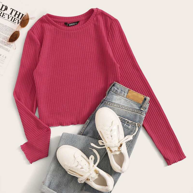 

Lettuce Trim Rib-knit Top, Pink