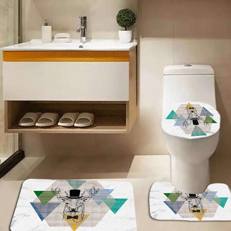 

3pcs Elk Print Geometric Pattern Bathroom Mat Set, Multicolor