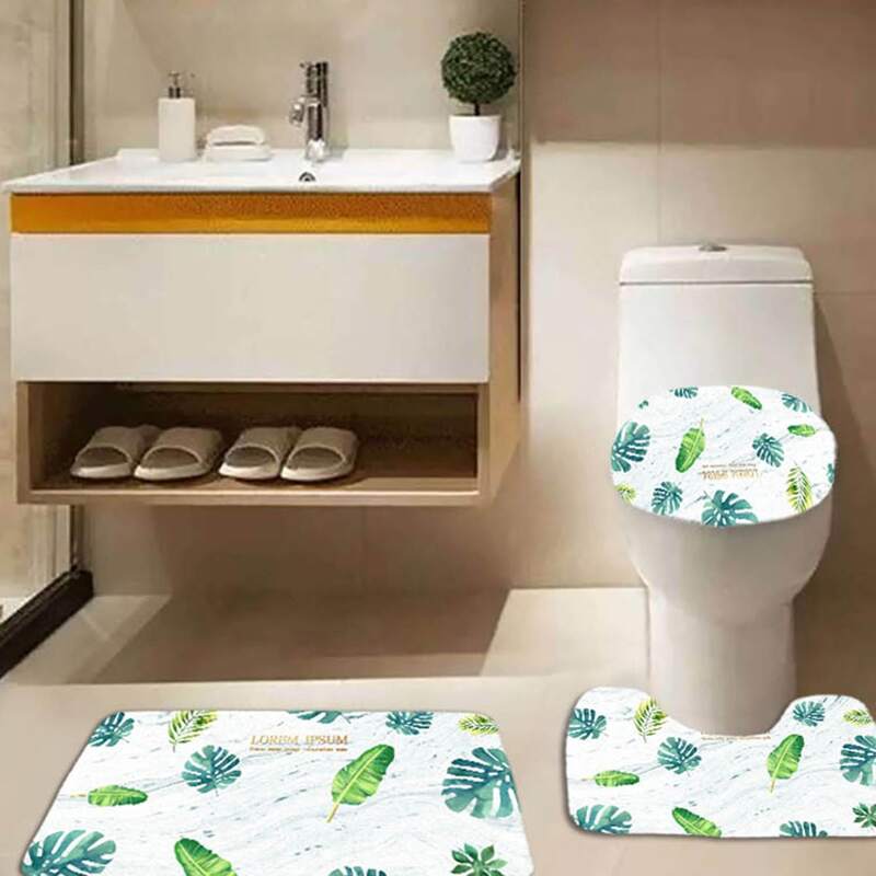 

3pcs Leaf Print Bathroom Mat Set, Multicolor
