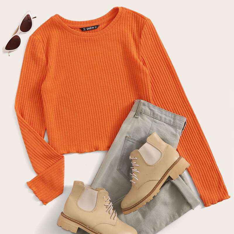 

Neon Orange Lettuce Trim Rib-knit Top