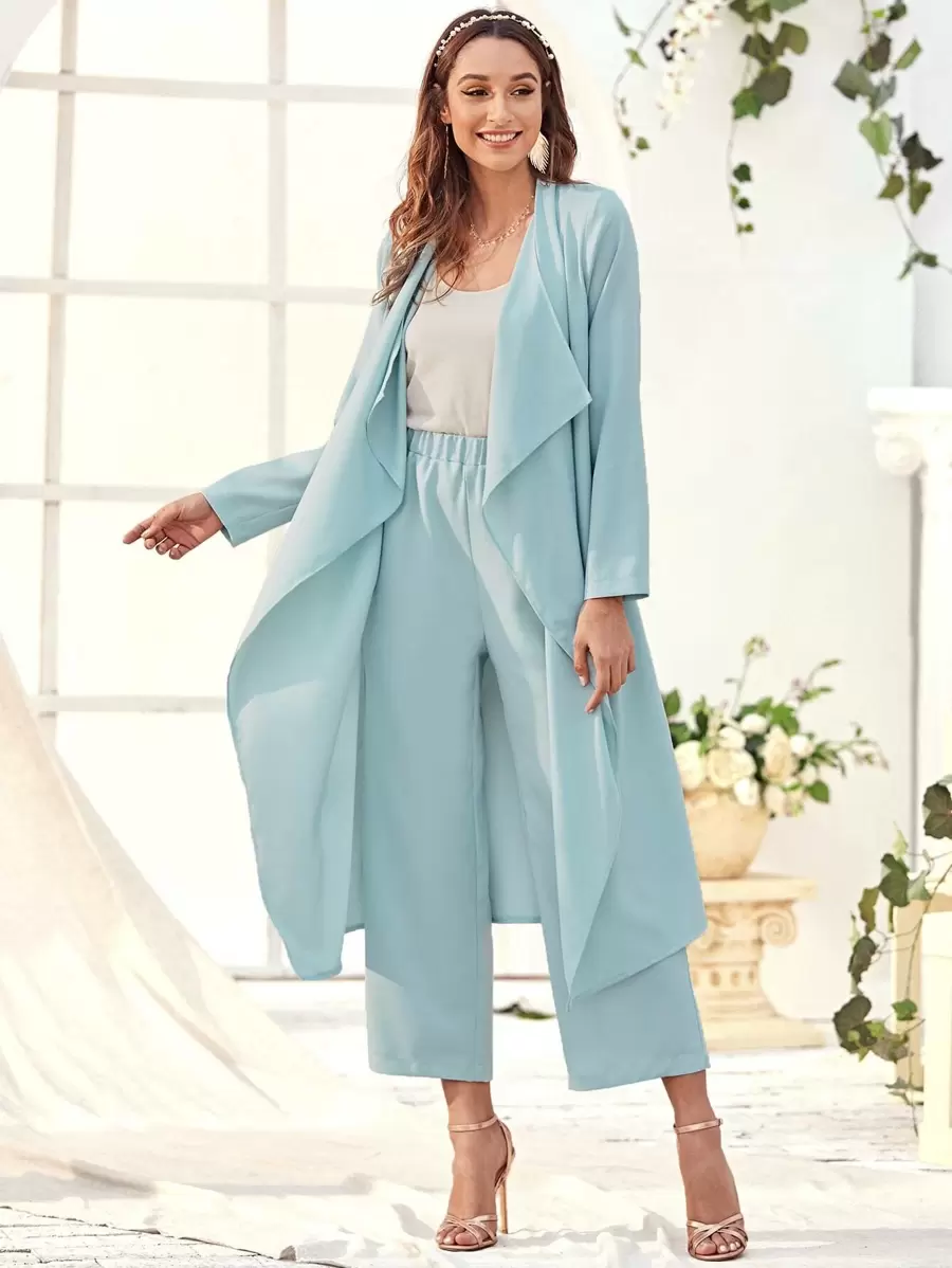 Mulvari Waterfall Longline Coat & Wide Leg Pants - Blue - View 1