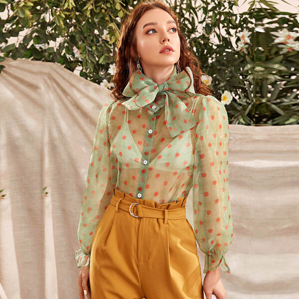 

Bow Neck Polka Dot Sheer Organza Blouse, Green