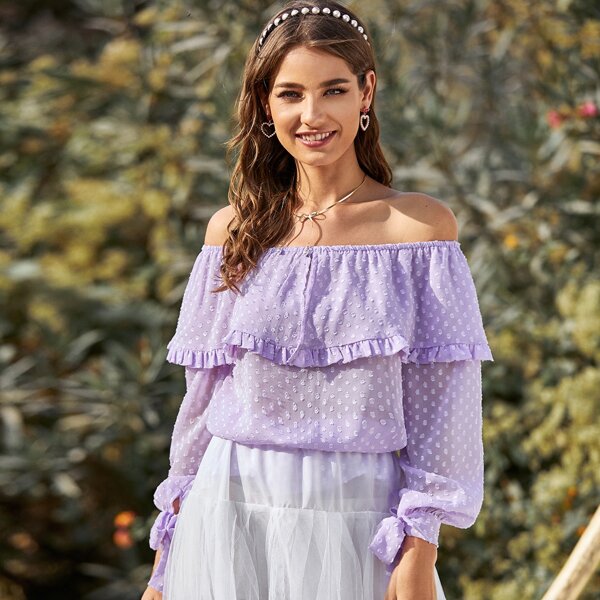 

Off-shoulder Swiss Dot Frill Chiffon Blouse, Purple