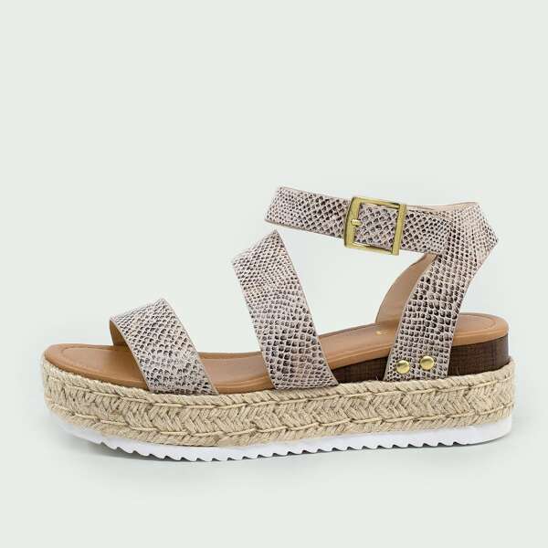 

Snakeskin Twin Band Buckled Ankle Flatform Sandals, Multicolor