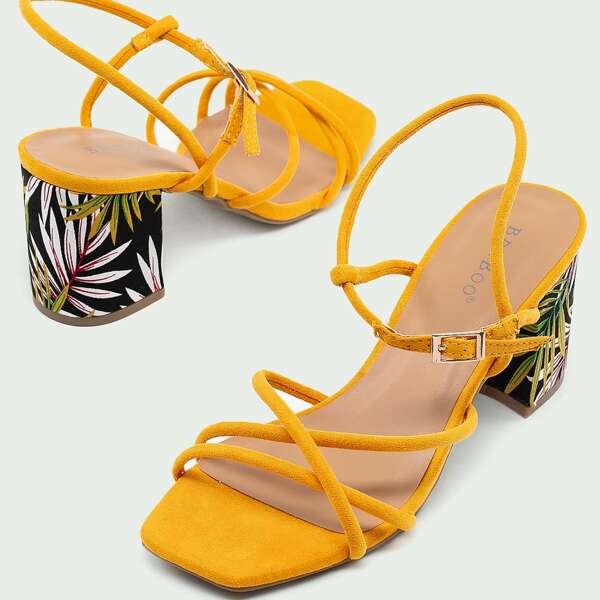 

Tropical Leaf Print Block Heel Ankle Strap Sandals, Black
