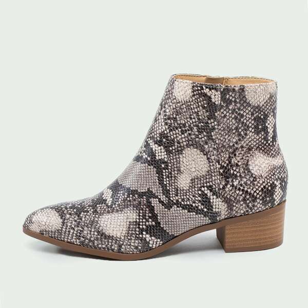 

Snakeskin Pointy Toe Low Block Heel Ankle Boots, Multicolor