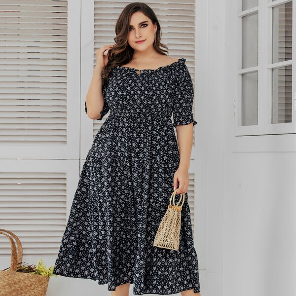 

Plus Ditsy Floral Ruffle Hem Bardot Dress, Multicolor