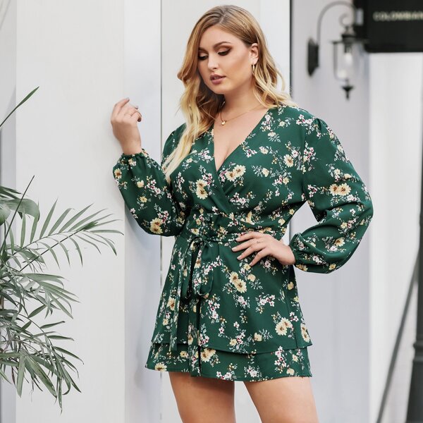 

Plus Floral Print Surplice Belted Romper, Green