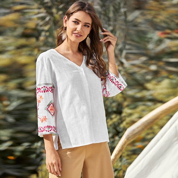

Floral Pattern Button Through Blouse, White