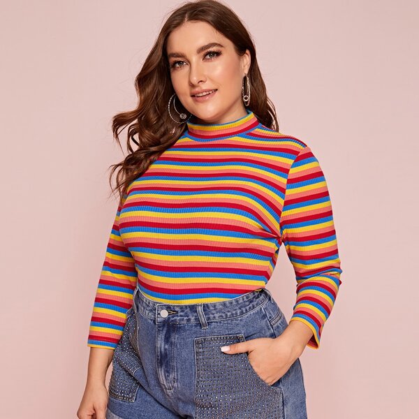 

Plus Rainbow Striped Rib-knit Tee, Multicolor