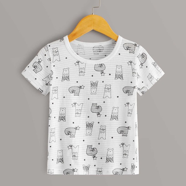 

Toddler Boys Striped And Cartoon Graphic Tee, White