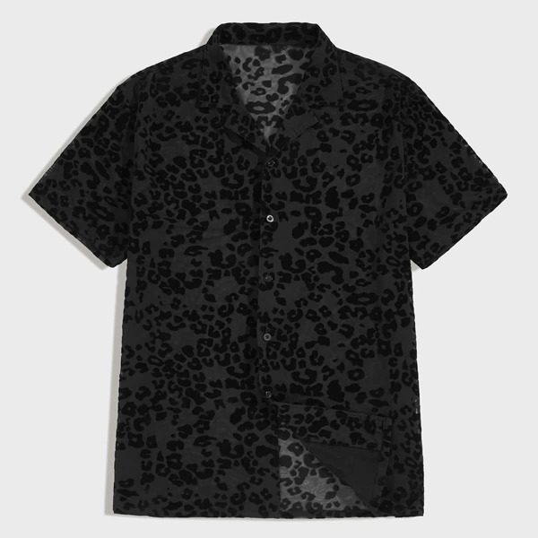 

Men Revere Collar Leopard Flocked Mesh Shirt, Black