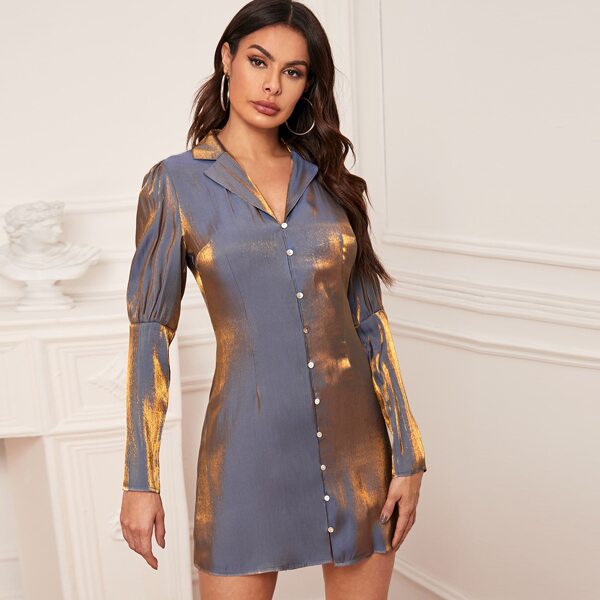 

Gigot Sleeve Button Front Metallic Shirt Dress, Multicolor