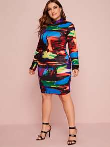 SHEIN Clasi Plus Brush Stroke Print Bodycon Dress - Multicolor - View 3