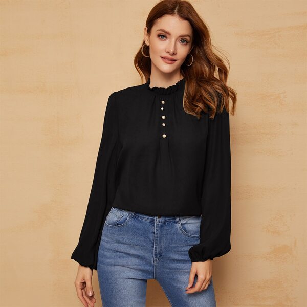 

Frilled Neck Button Front Lantern Sleeve Top, Black