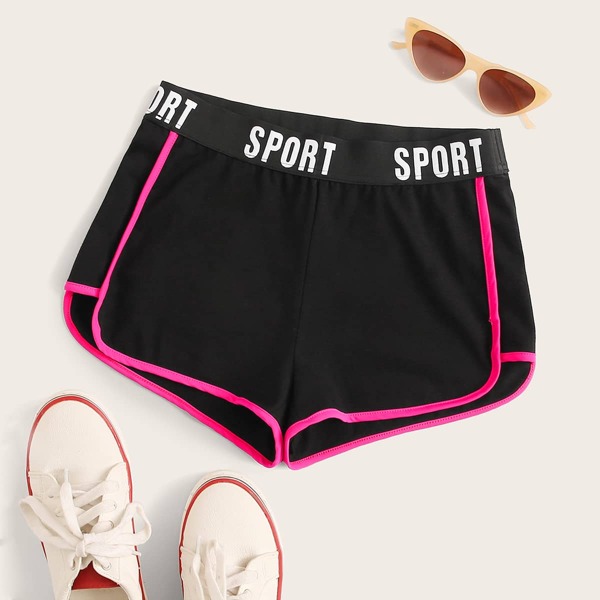

Contrast Binding Letter Tape Waist Biker Shorts, Black