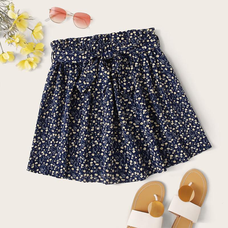 

Ditsy Floral Paperbag Waist Self Belted Skirt, Navy blue