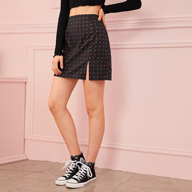 Polka Dot Split Side Skirt, Black