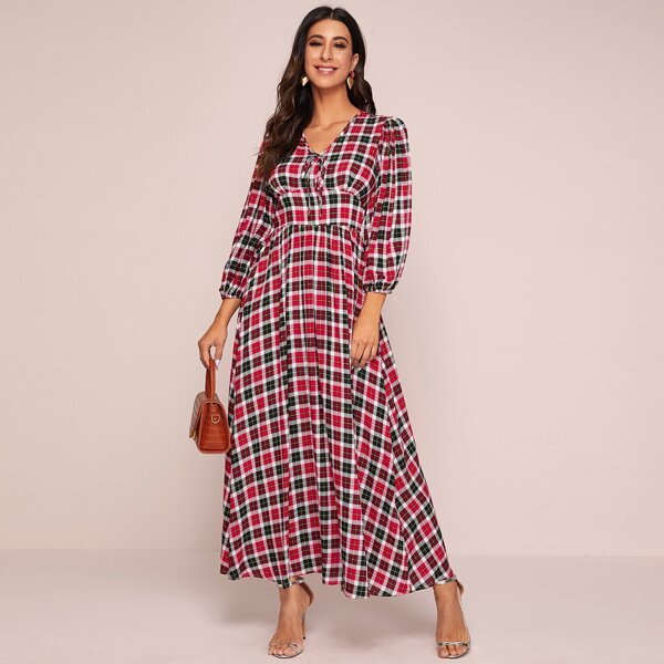 

Tie Neck High Waist Plaid Dress, Multicolor