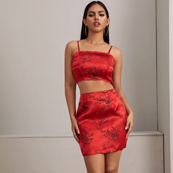 

Floral Jacquard Satin Crop Cami Top & Skirt Set, Red