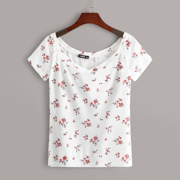 

Raglan Sleeve Floral Print Tee, White