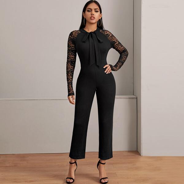

Contrast Lace Tie Neck Solid Jumpsuit, Black