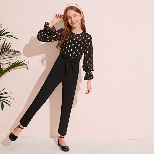 

Girls Bell Sleeve Gold Dot Belted 2 In 1 Jumpsuit, Black