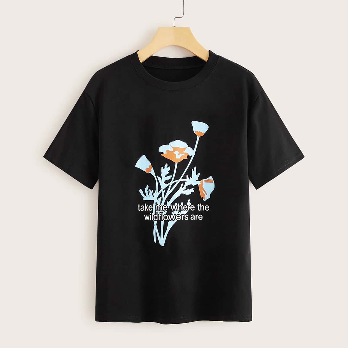 

Flower & Slogan Graphic Tee, Black