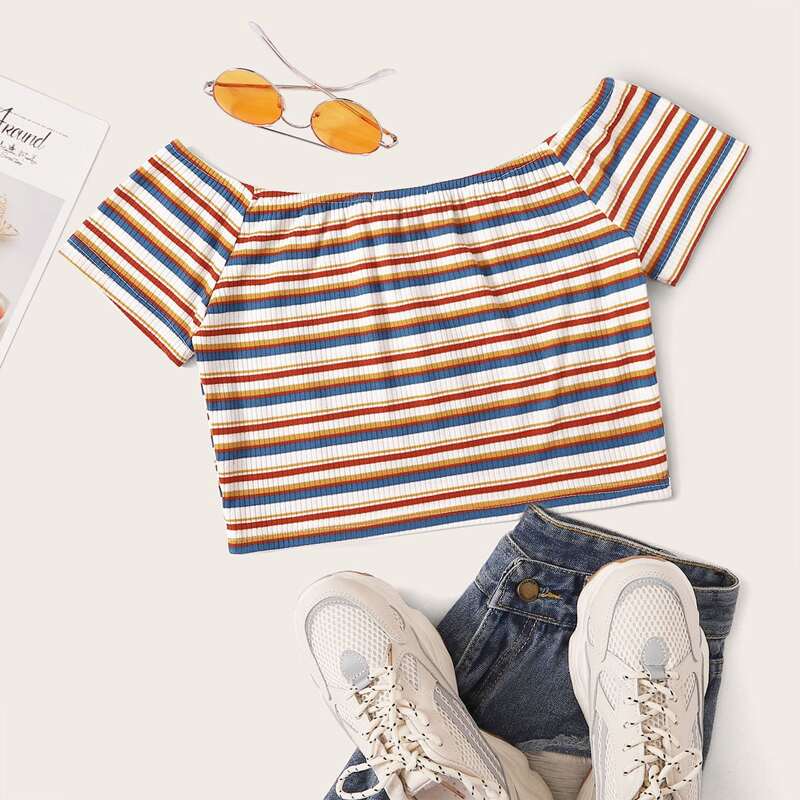 

Ribbed Striped Crop Tee, Multicolor