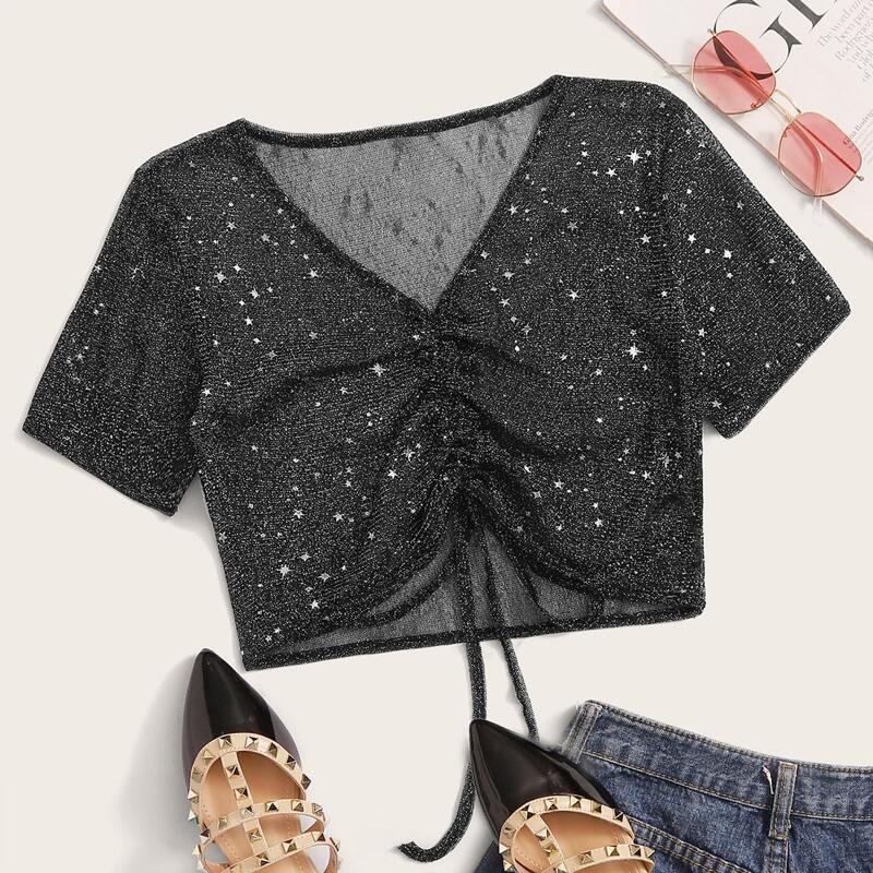 

Star Print Drawstring Mesh Top, Black