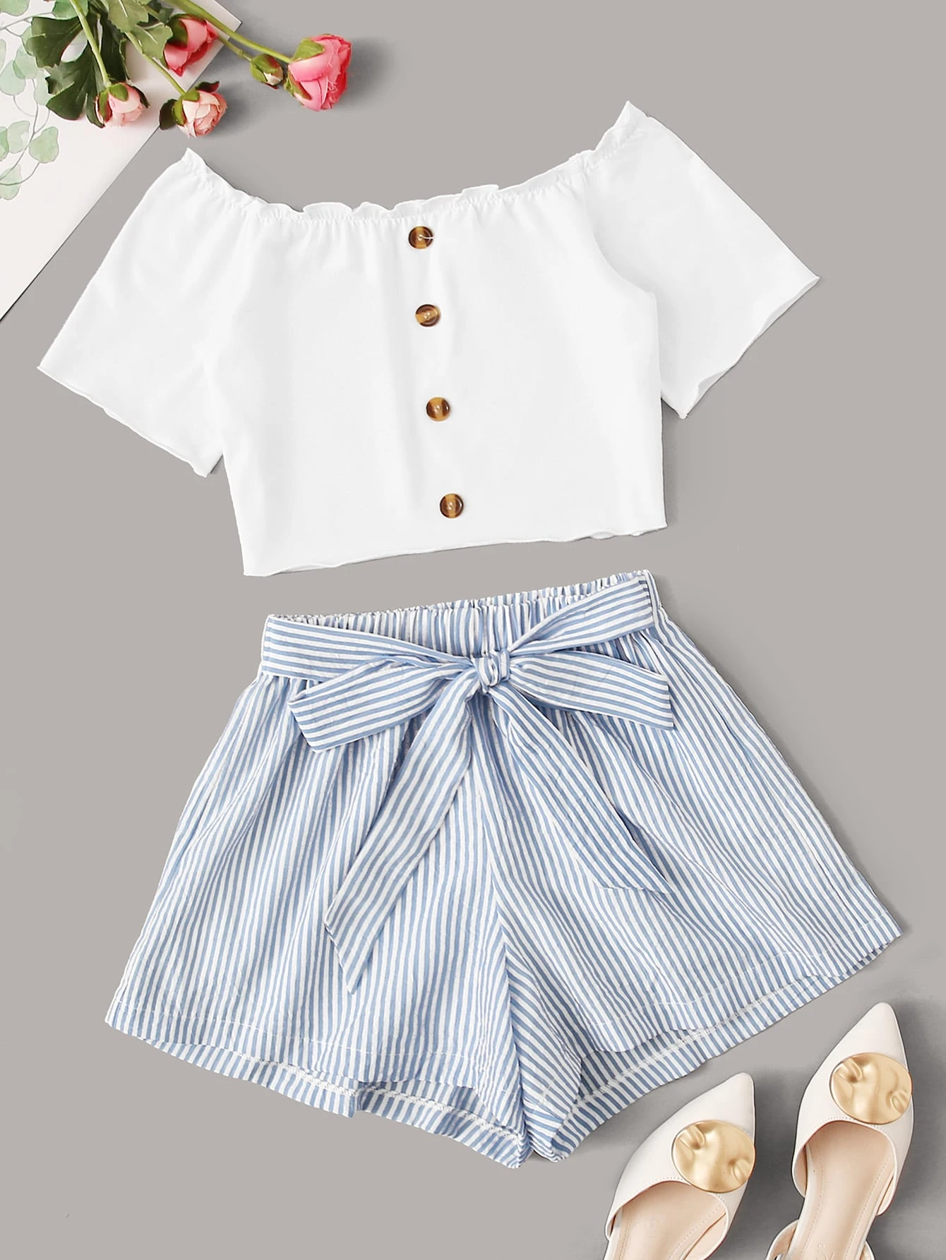 denim off shoulder crop top & tassel hem shorts sets