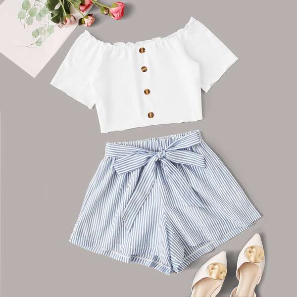 

Buttoned Off-the-Shoulder Crop Top & Striped Shorts Set, Multicolor
