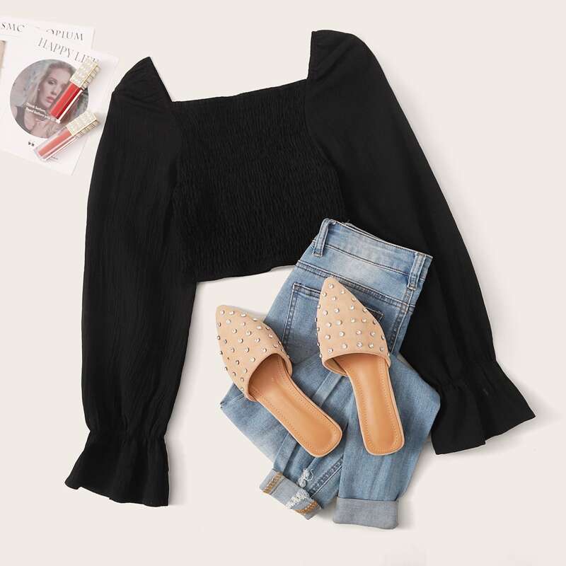 

Flounce Sleeve Shirred Crop Top, Black