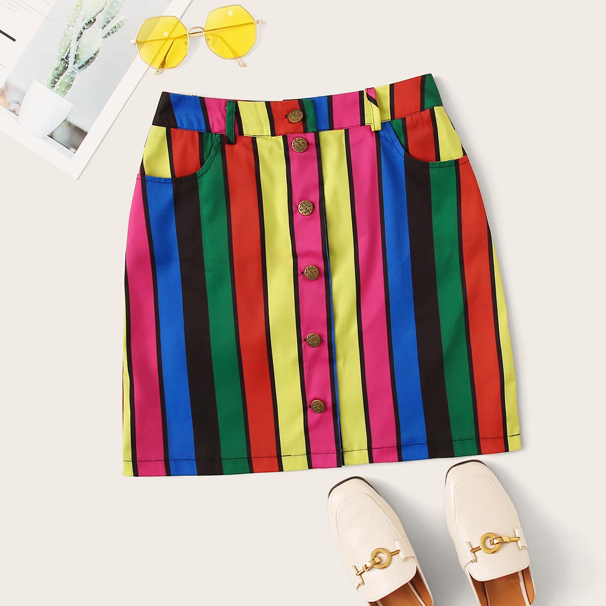 

Colorful Striped Button Front Skirt, Multicolor