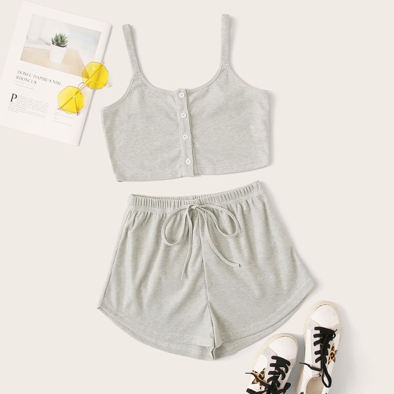 

Button Front Ribbed Cami & Shorts, Grey