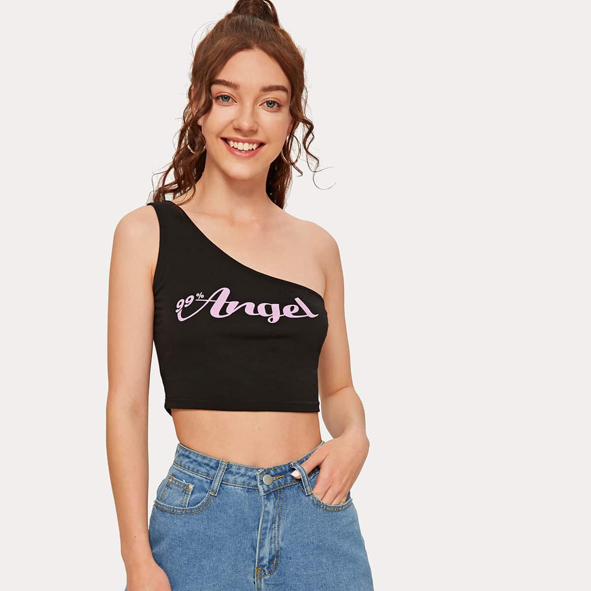 

One Shoulder Letter Print Crop Top, Black