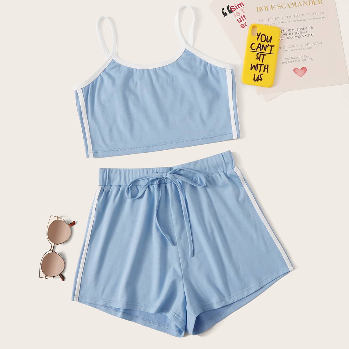 

Striped Tape Crop Cami & Drawstring Shorts, Blue