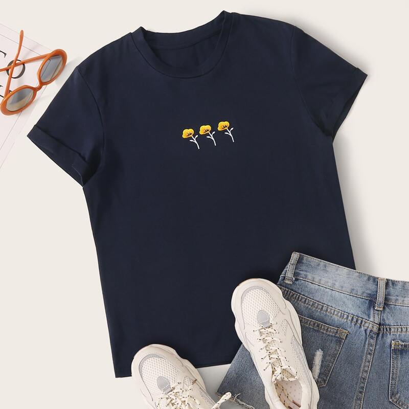 

Flower Embroidery Navy Tee, Navy blue