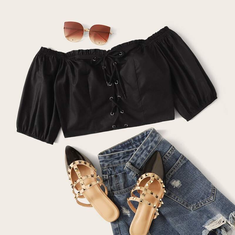 

Grommet Lace Up Crop Top, Black
