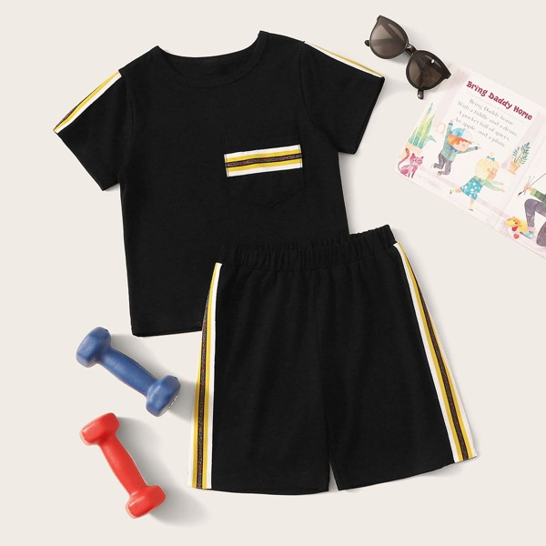 

Toddler Boys Striped Tape Tee With Track Shorts, Black