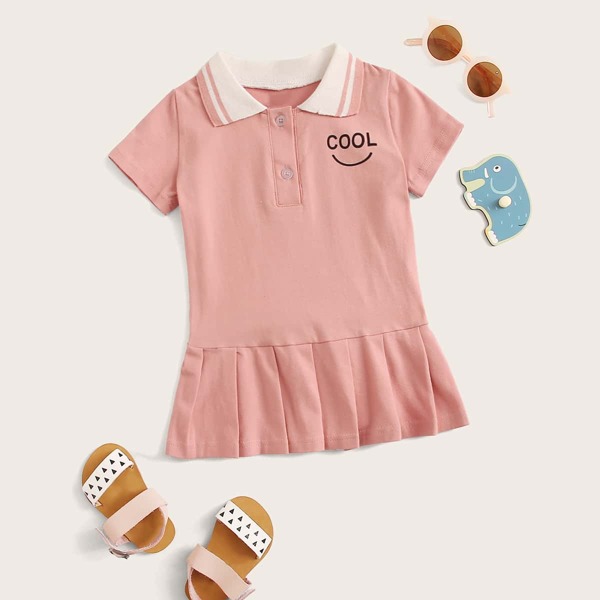 

Baby Girl Contrast Polo Neck Pleated Hem Dress, Pink