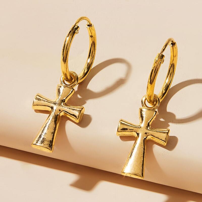 

1pair Cross Charm Hoop Earrings, Gold