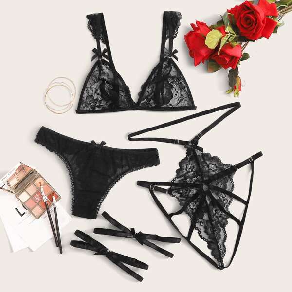 

3pack Floral Lace Lingerie Set & Panty & 1pair Leg Ring, Black