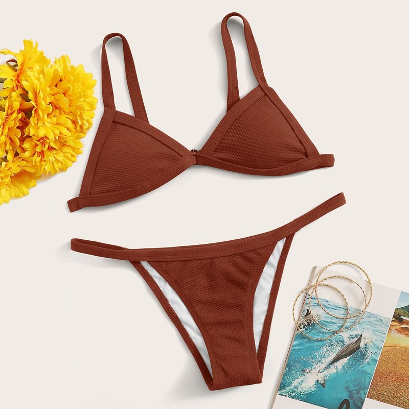 

Textured Triangle Top With Low Rise Bikini Set, Brown