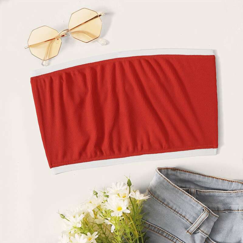 

Ribbed Contrast Binding Tube Top, Red
